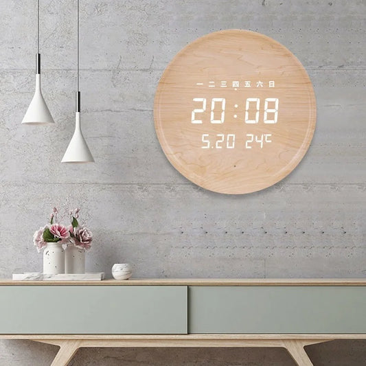 Living room household fashion creative hole free hanging wall electronic light luxury Nordic simple modern wooden wall clock