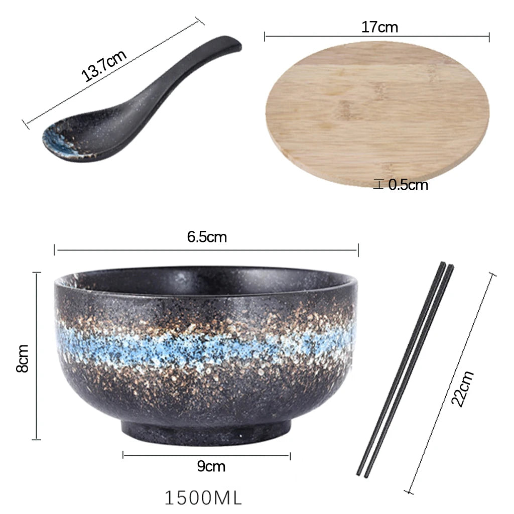 Cuenco de cerámica japonés para Ramen, 1500 ml, con tapa, cuchara, palillos, cuenco de cerámica para Fideos Instantáneos, platos, arroz, vajilla para el hogar