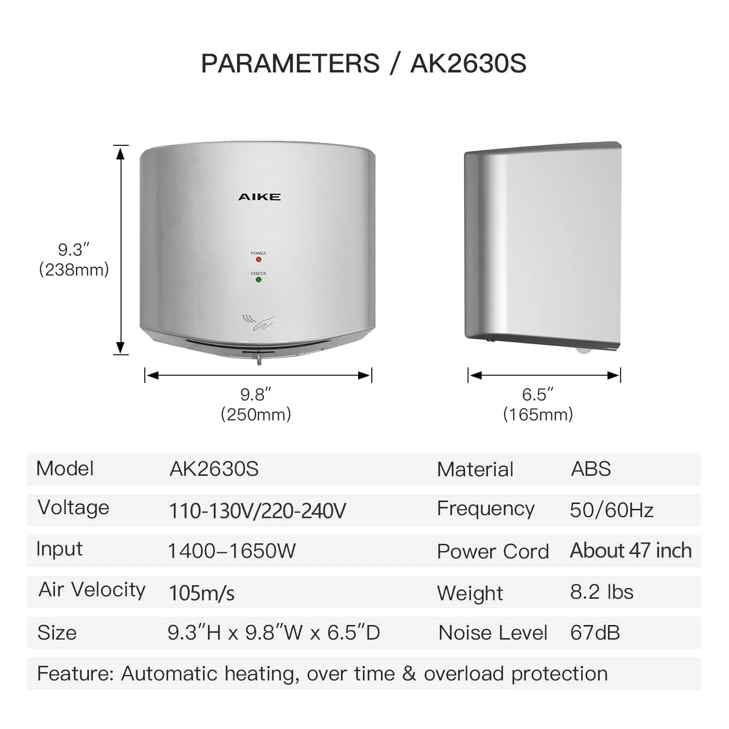 AIKE Secador de Manos Automático Alta Velocidad 105 m/s 1400-1650W Aire Frío y Caliente Secador de Manos Eléctrico Secador de Manos para Baño