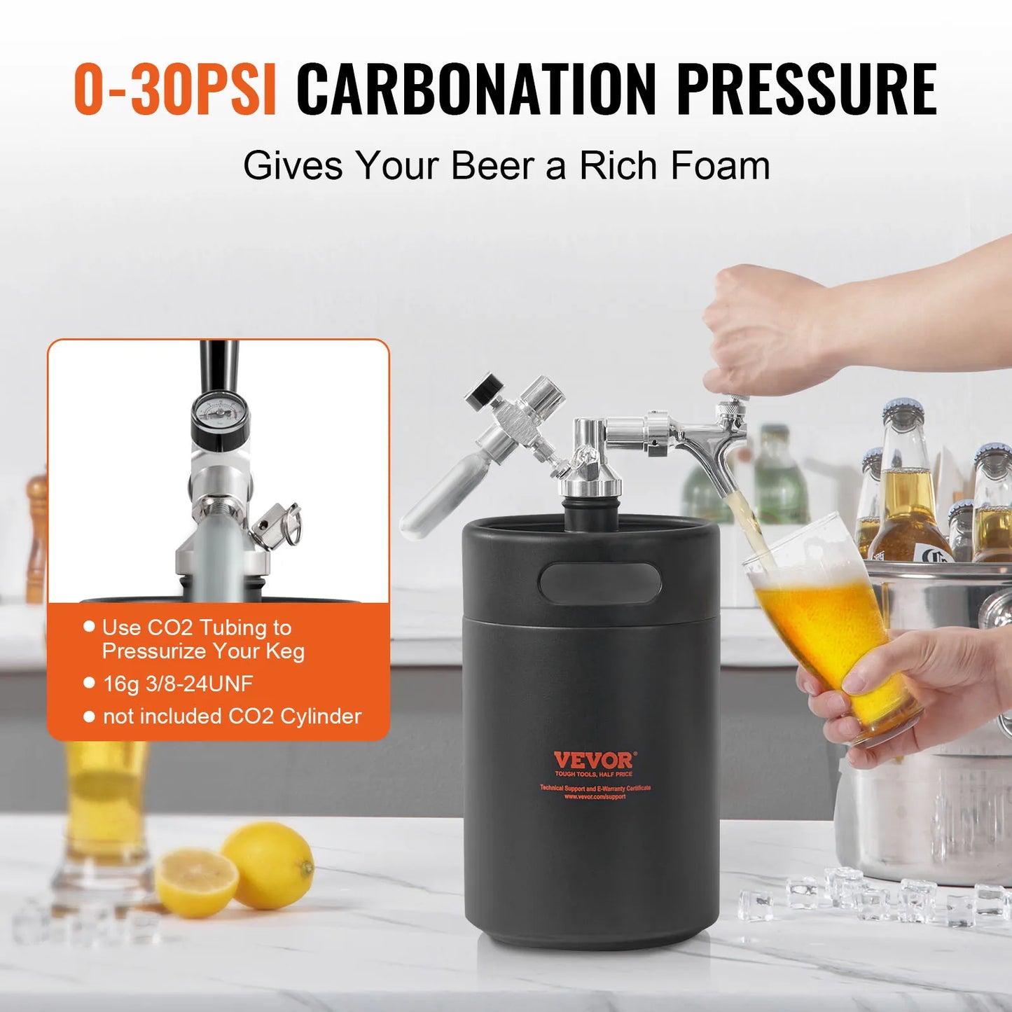 VEVOR Beer Growler Tap System Keg Growler with Pressure Display CO2 Regulator Faucet Leak-Proof Ring For Draft Homebrew