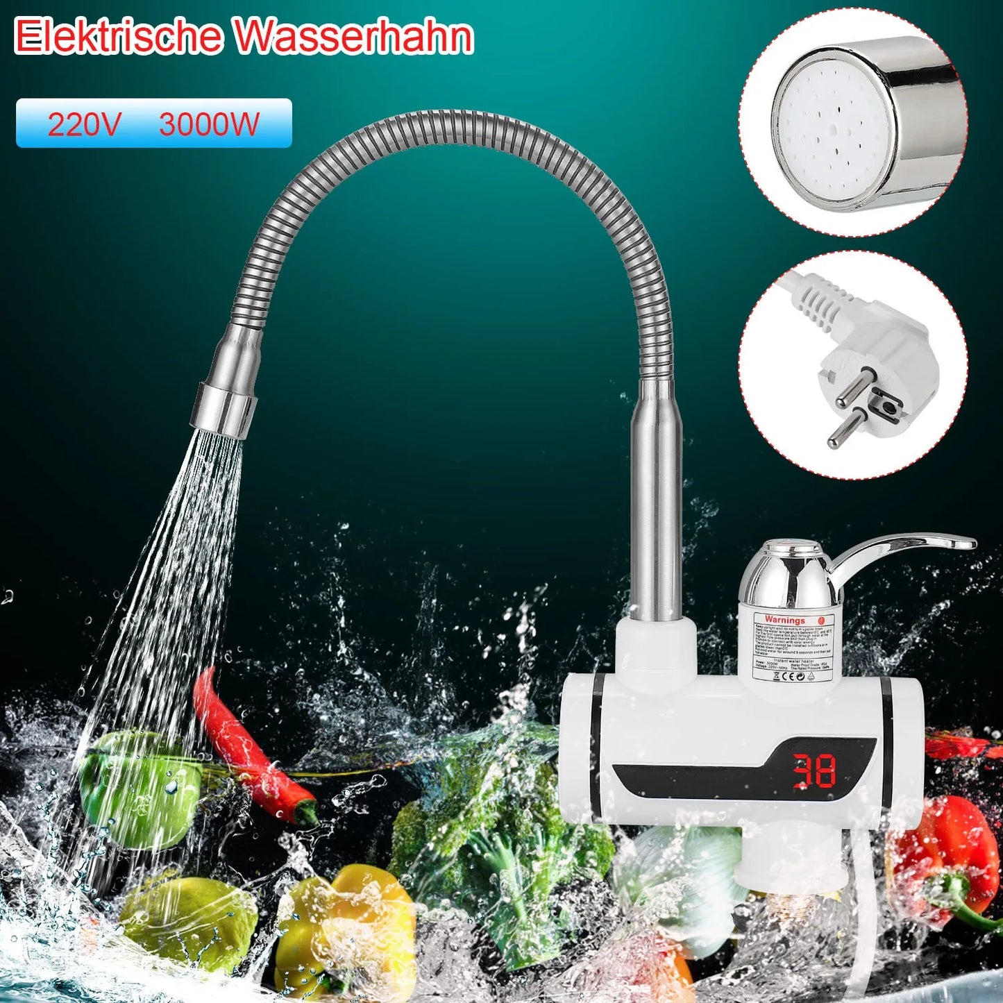 Robinet de chauffage électrique domestique 3000W, accessoires de robinet de cuisine et de salle de bains, robinet d'eau chaude électrique domestique avec affichage numérique