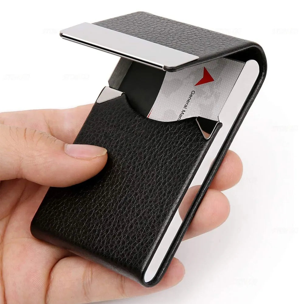 Business Card Holder Case - Slim PU Leather Metal Pocket Card Holder with Magnetic Shut, Name Card Holder