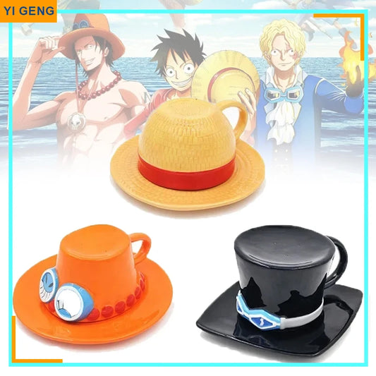 Taza de Cosplay de One Piece Luffy, taza de agua creativa con forma de sombrero de tres hermanos, taza de café Luffy Ace Sabo, Taza de cerámica para fiestas