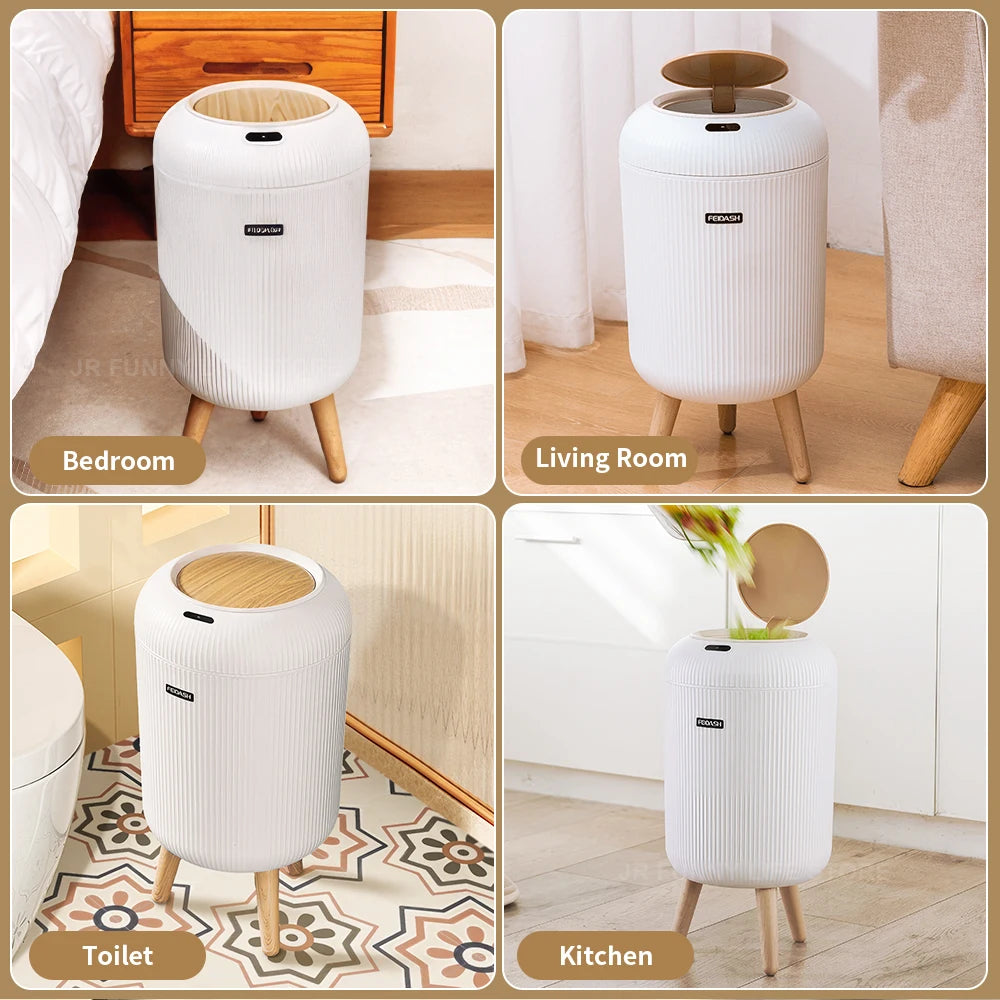 Cubo de basura inteligente con base alta de madera de 7/10L, cubo de basura con Sensor automático para baño, cocina, papelera, hogar inteligente