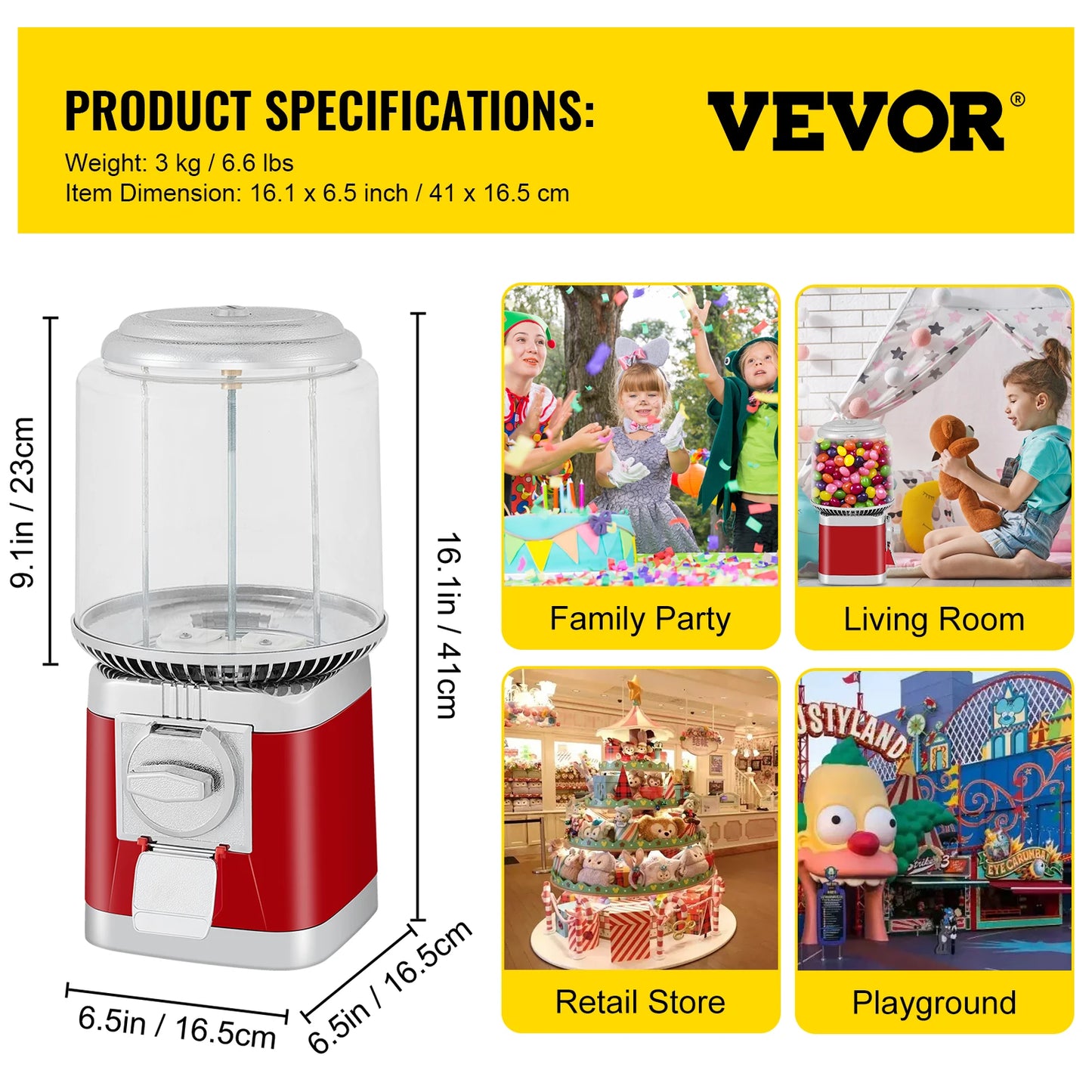 VEVOR Candy Gumball Vending Machine Dispenser W/ Keys Capacity 375PCS / 10LBS for Gaming Stores Selling Bouncy Ball, Capsule Toy