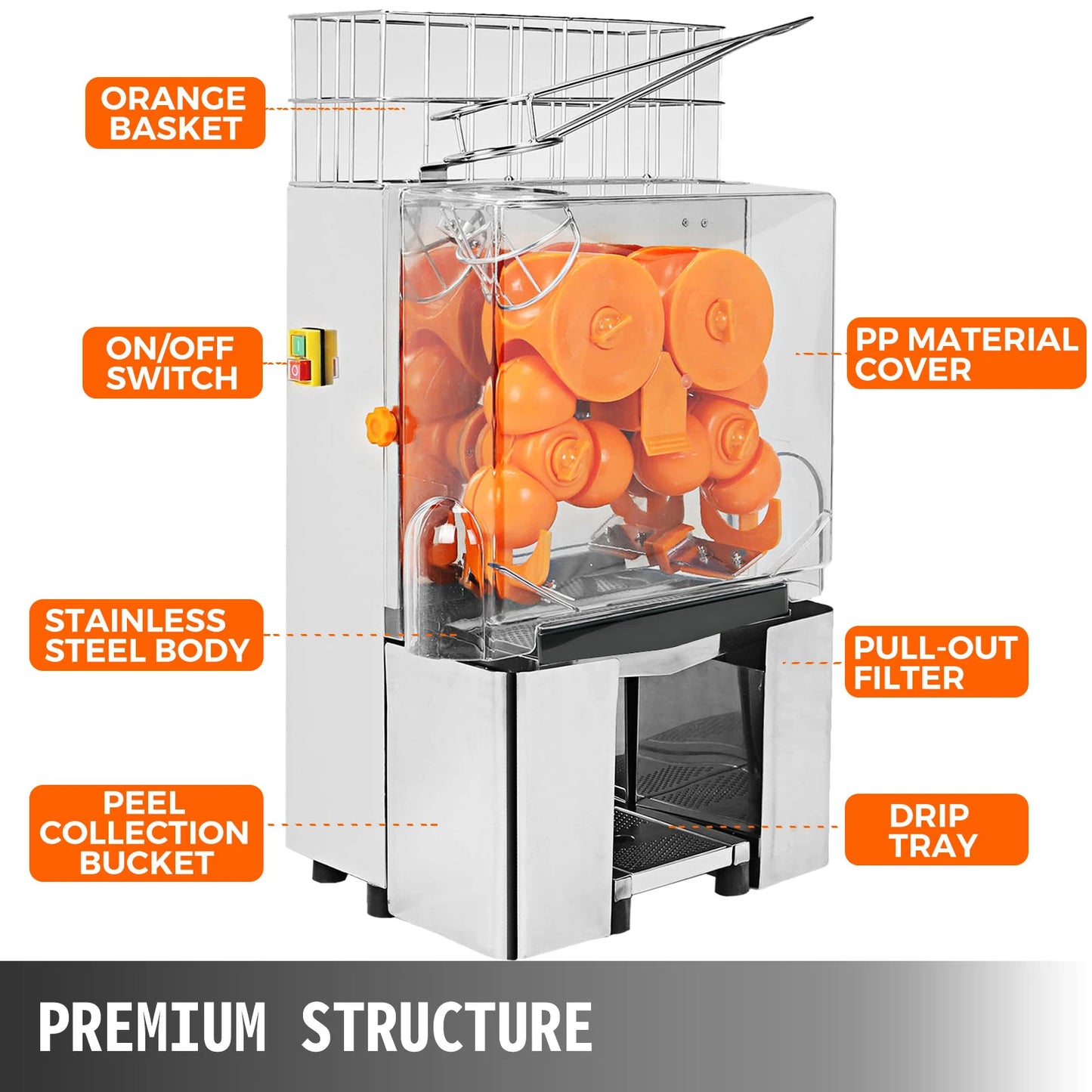 VEVOR-exprimidor eléctrico de naranjas, máquina exprimidora de zumo de frutas, máquina de prensado de bebidas para tienda, Bar, restaurante, uso comercial, 22-30 Uds./Min