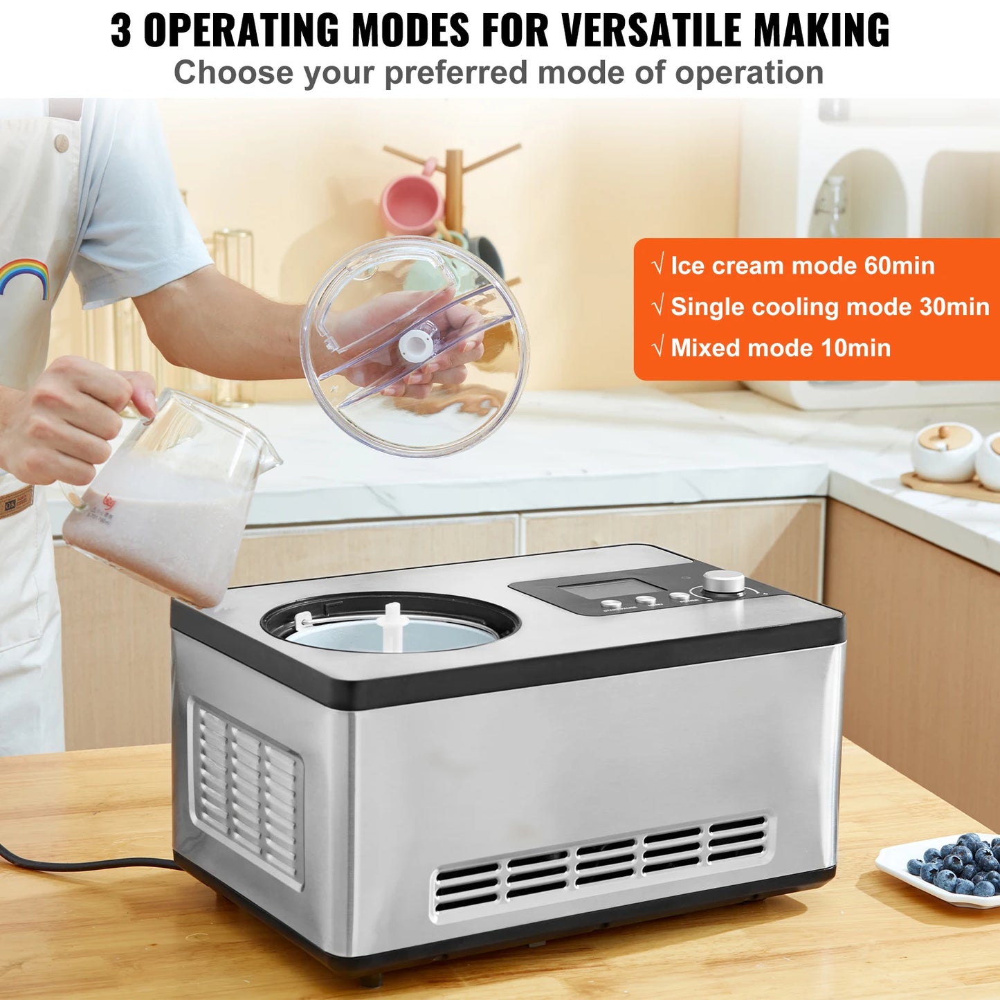 VEVOR Automatic Ice Cream Maker with Built-in Compressor 2 Quart No Pre-freezing Fruit Yogurt Machine Electric Sorbet Maker