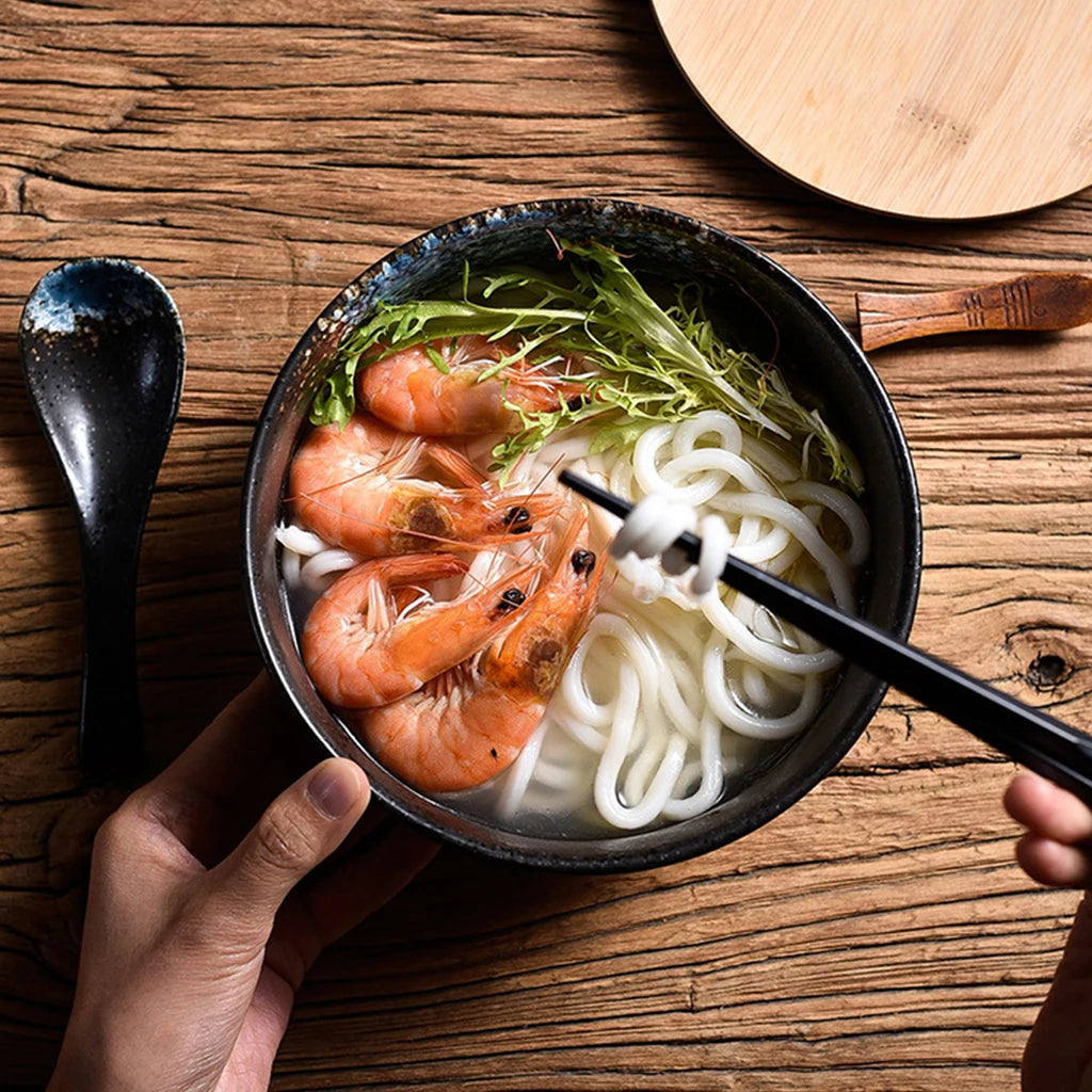 Cuenco de cerámica japonés para Ramen, 1500 ml, con tapa, cuchara, palillos, cuenco de cerámica para Fideos Instantáneos, platos, arroz, vajilla para el hogar