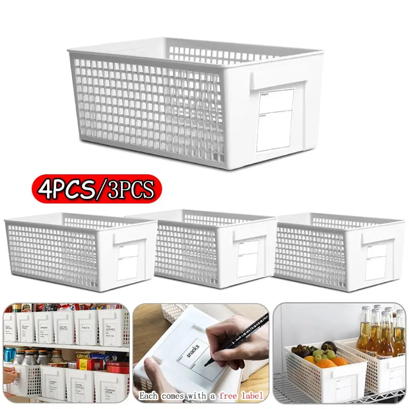 Caja de almacenamiento de plástico con etiqueta, cesta de cocina, suministros de almacenamiento para el hogar, cajas organizadoras de papelería cosmética de escritorio, 4/3 Uds.