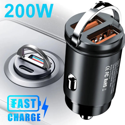 Mini chargeur de voiture 100W/200W QC3.0 PD, briquet 12-24V, charge rapide, USB Type C, pour Xiaomi Samsung Huawei iPhone Power