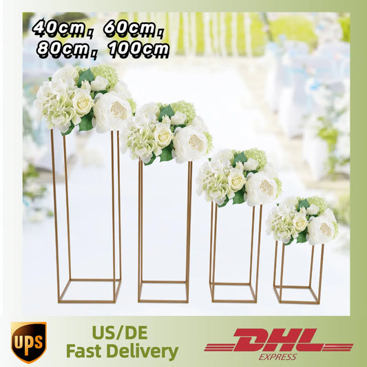 4Pcs Metal Flower Rack Prop Geometric Column Vase Stand Wedding Party Decor Gold Rectangular Rack For Wedding 40/60/80/100cm