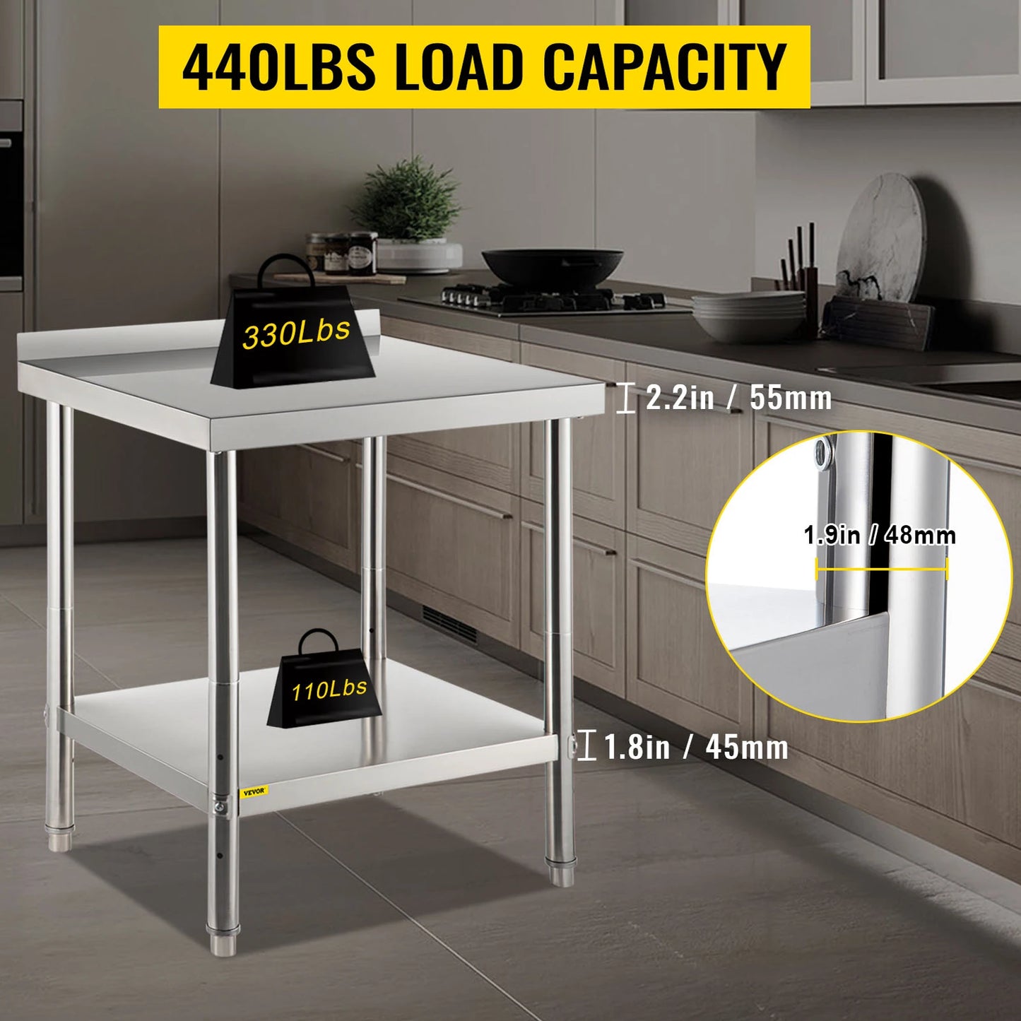 VEVOR Table de préparation au travail en acier inoxydable, 30 x 24 x 35/36 x 24 x 35 pouces, capacité de charge de 440 lb avec dosseret et étagère inférieure