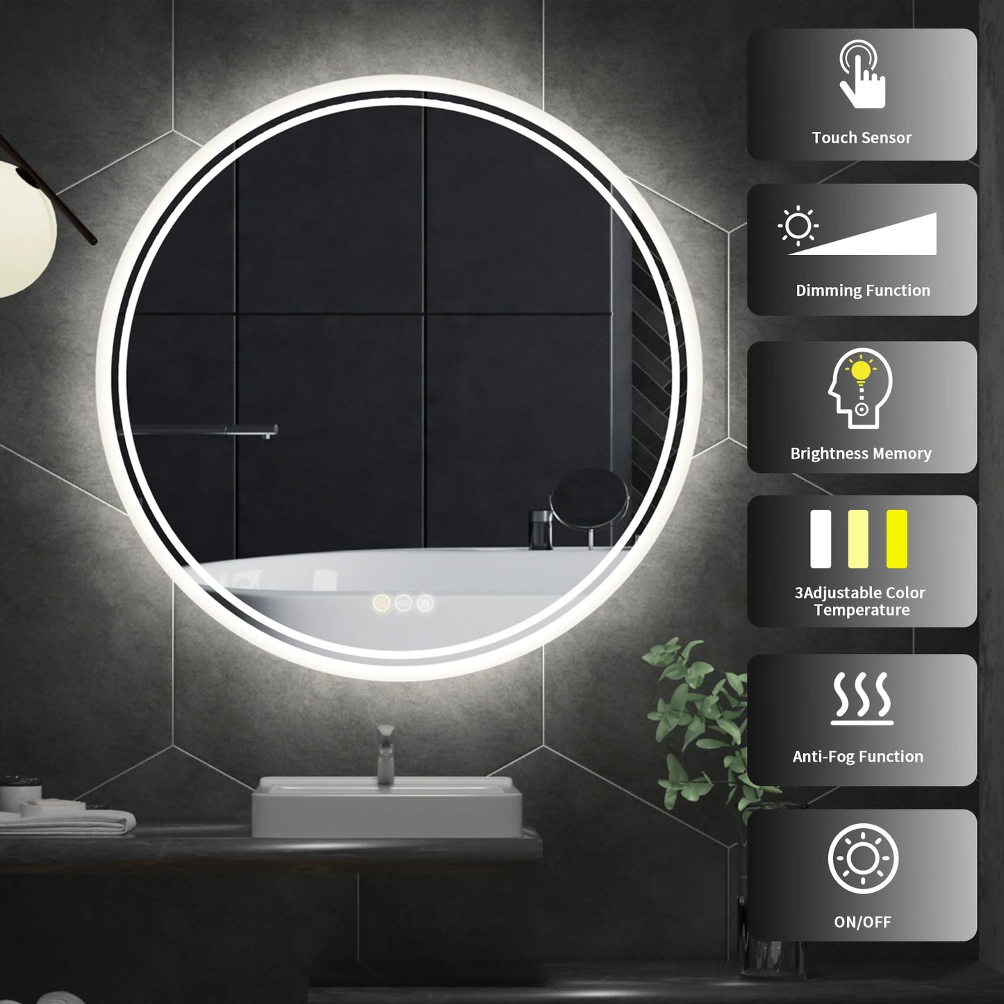 Bathroom Mirror with LED Lights Circle Backlit Illuminated Wall Mounted Lighted Mirror Anti-Fog 3 Colors Change IP65 Dimmable