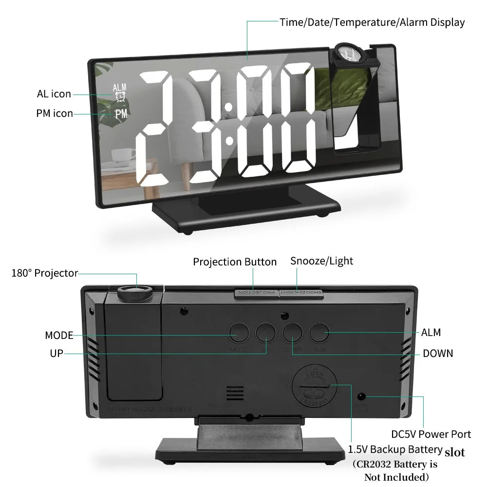 Reloj despertador con proyección de brazo de 180°, reloj despertador Digital con temperatura y hora, reloj de mesa con repetición, proyector USB de 12/24H, reloj LED