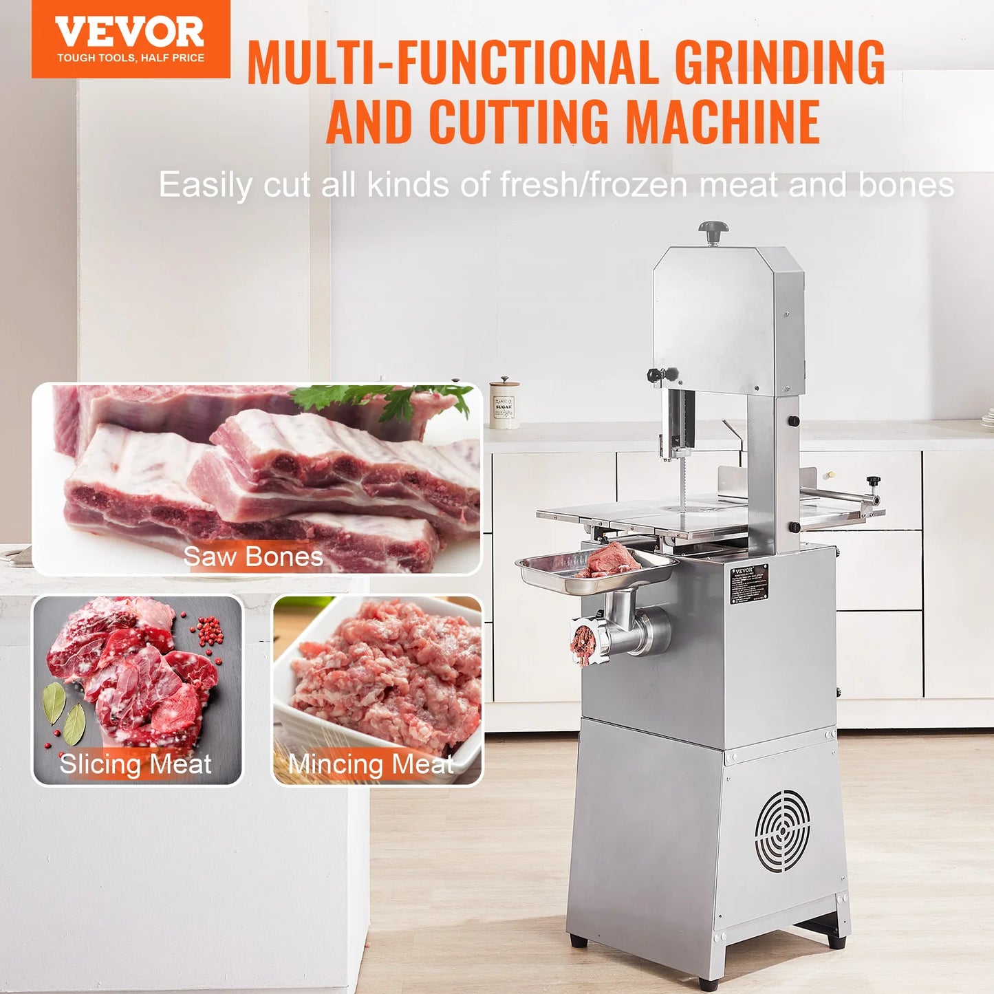 VEVOR Commercial Electric Meat Bandsaw Stainless Steel Vertical Bone Sawing Machine Workbeach with 2 Blades for Rib Pork Beef