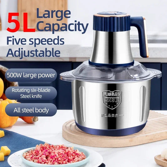 5L Household Kitchen Meat Grinder Stainless Steel Blade Powerful Vegetable Fruit Crusher Mince Garlic Electric Cooking Machine