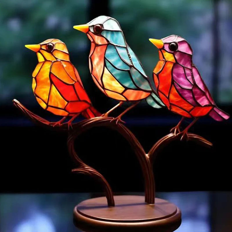 1/2/3pcs Stained Acrylic Birds on Branch Desktop Ornaments, Double Sided Multicolor Style Craft Statue Ornaments