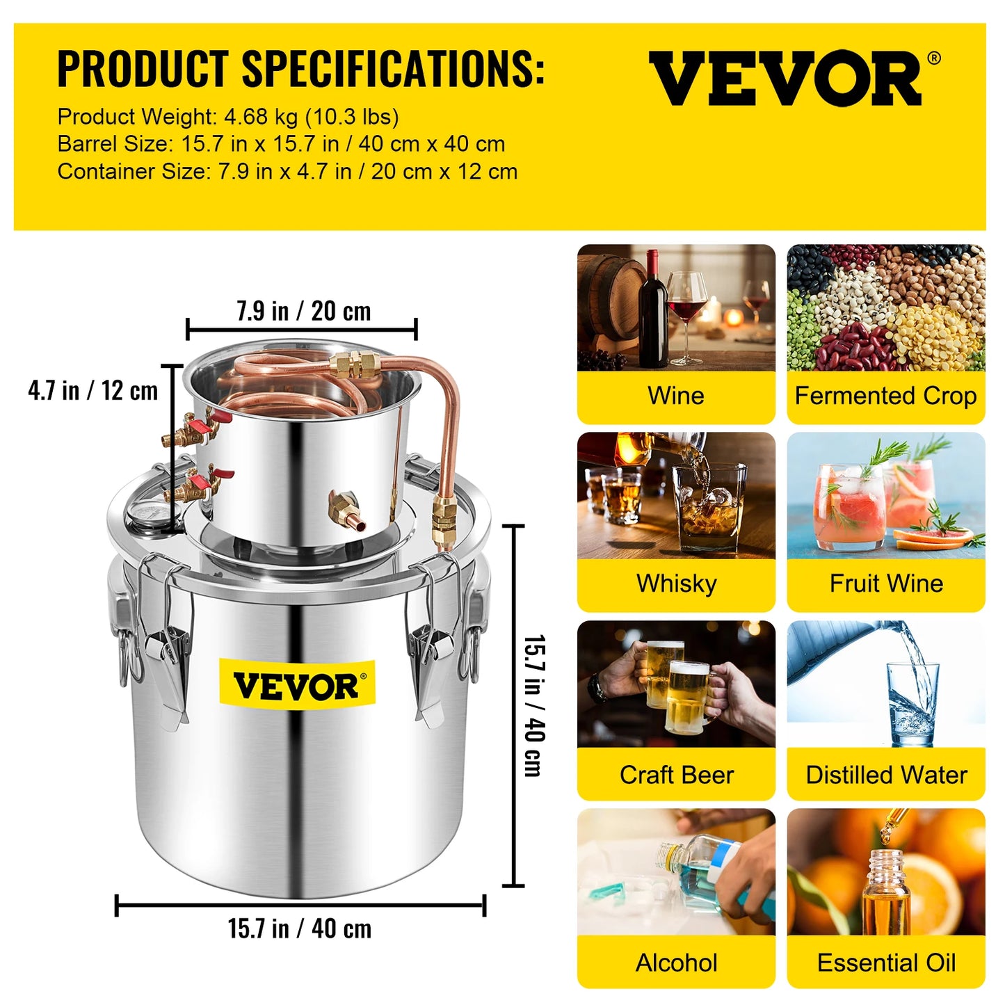 VEVOR 50L Moonshine Still Alcohol Distiller w/ Water Pump Stainless Copper DIY Home Brew Ethanol Wine Essential Oil Brewing Kit