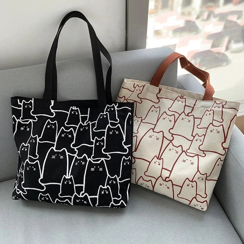 Bolsos de lona para mujer, bolso de mano con diseño de gato bonito, bolso de diseño con cremallera, hombro pequeño de dibujos animados de estilo japonés