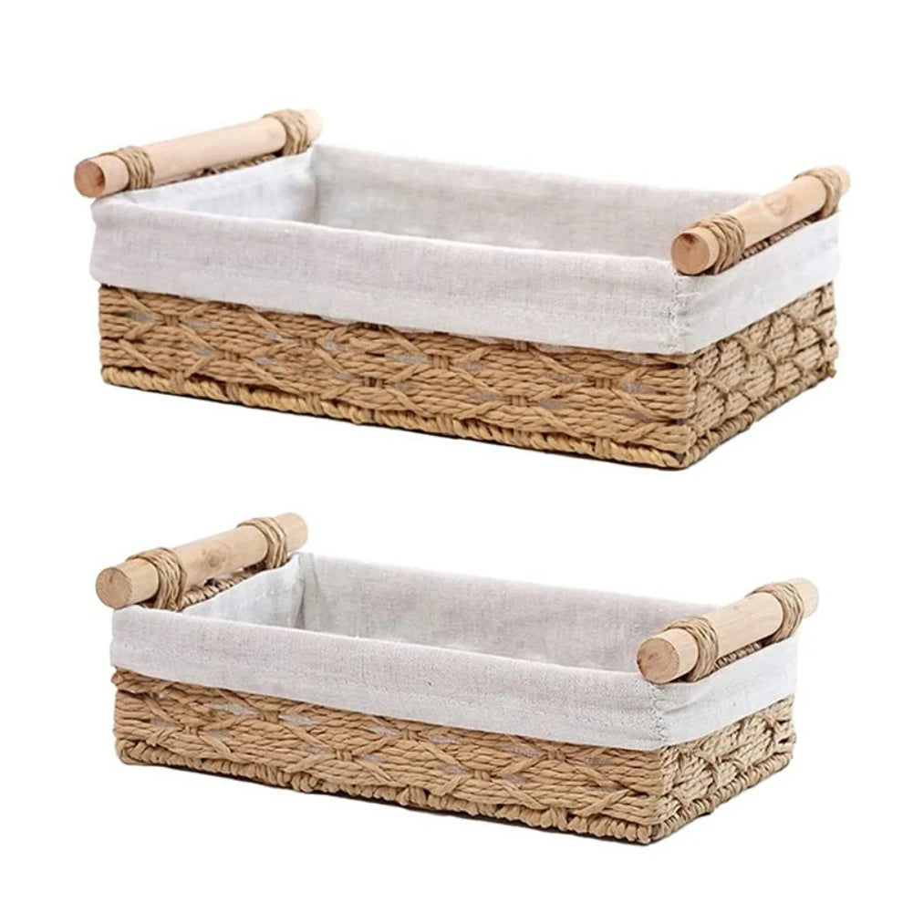 Cesta de almacenamiento de macramé, bandeja organizadora de decoración bohemia para el hogar con asa para cocina, baño, encimera, cesta de papel higiénico, 2 piezas