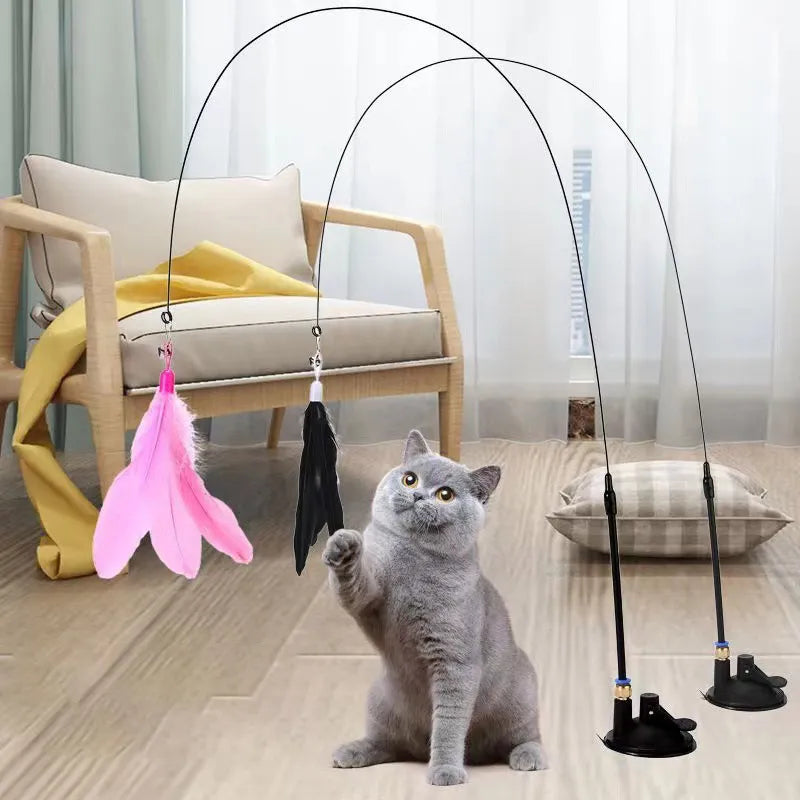 Jouets pour chats, baguette à plumes, jouet interactif pour chaton, avec Super ventouse détachable, 2 pièces de remplacement de plumes, accessoires pour chats