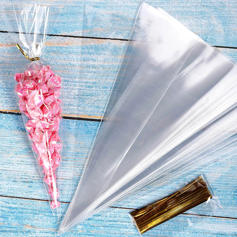 Sacs à bonbons en Cellophane, 50 pièces, sacs à pop-corn, sacs de rangement de biscuits en cône avec liens torsadés dorés, cadeaux de fête d'anniversaire et de mariage