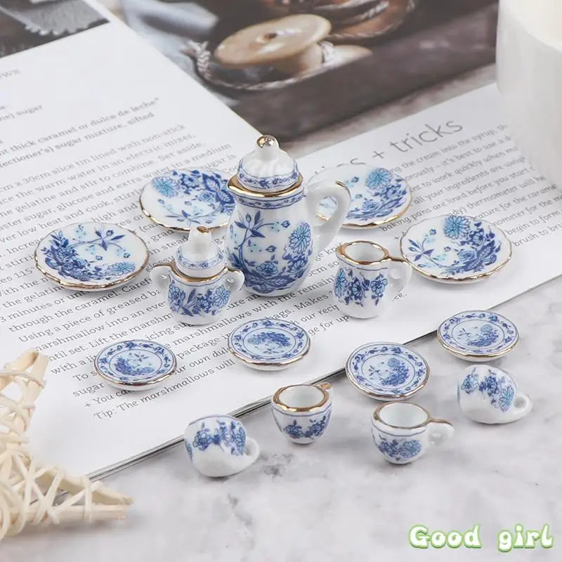 15Pcs 1:12 Miniature Porcelain Tea Cup Set  Flower Tableware Kitchen Dollhouse Furniture Toys For Children Tea Cups Dollhouse