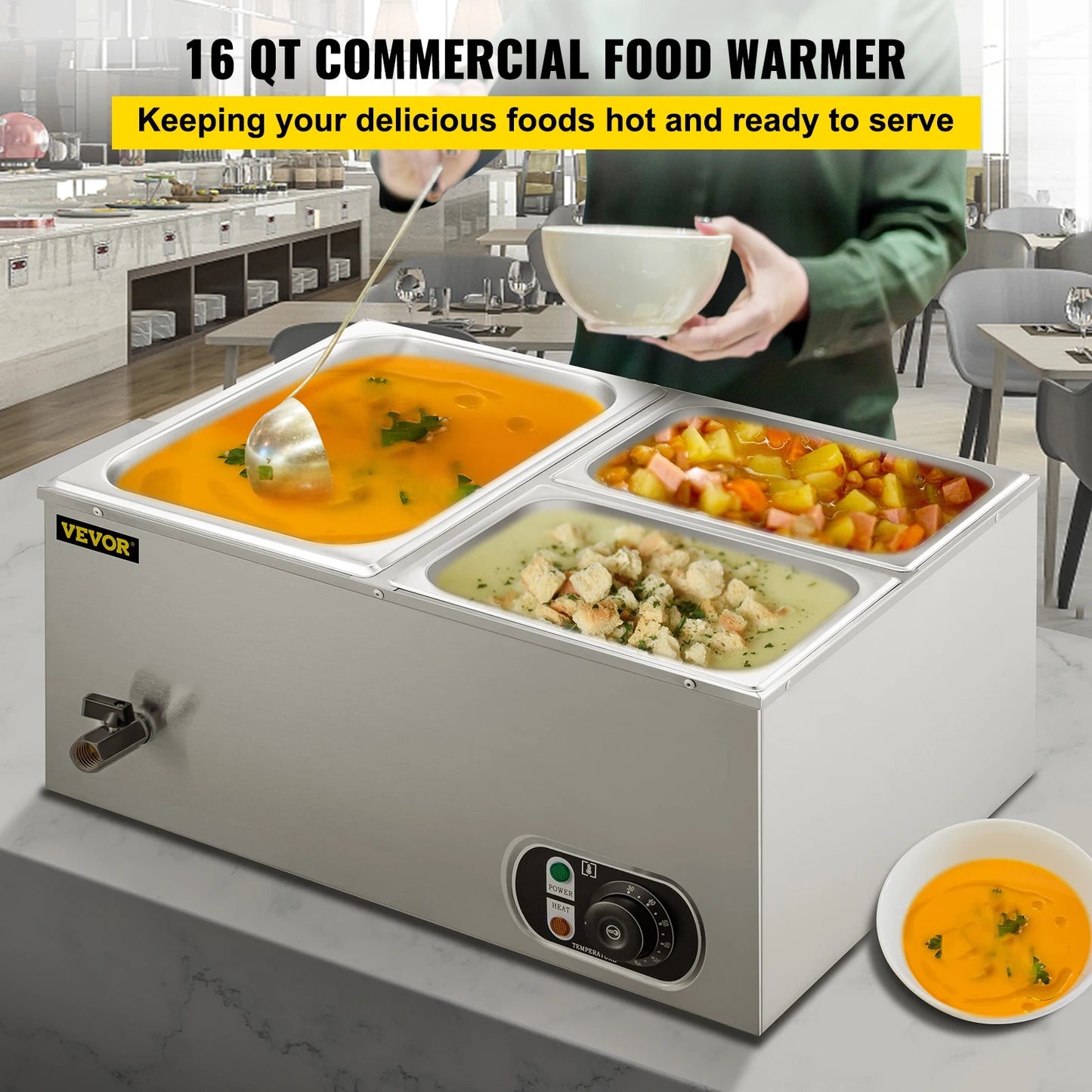 VEVOR 3 pan Electric Food Warmer Stainless Steel with Temperature Adjustment Efficient Sanitary Buffet Bar Commercial Use