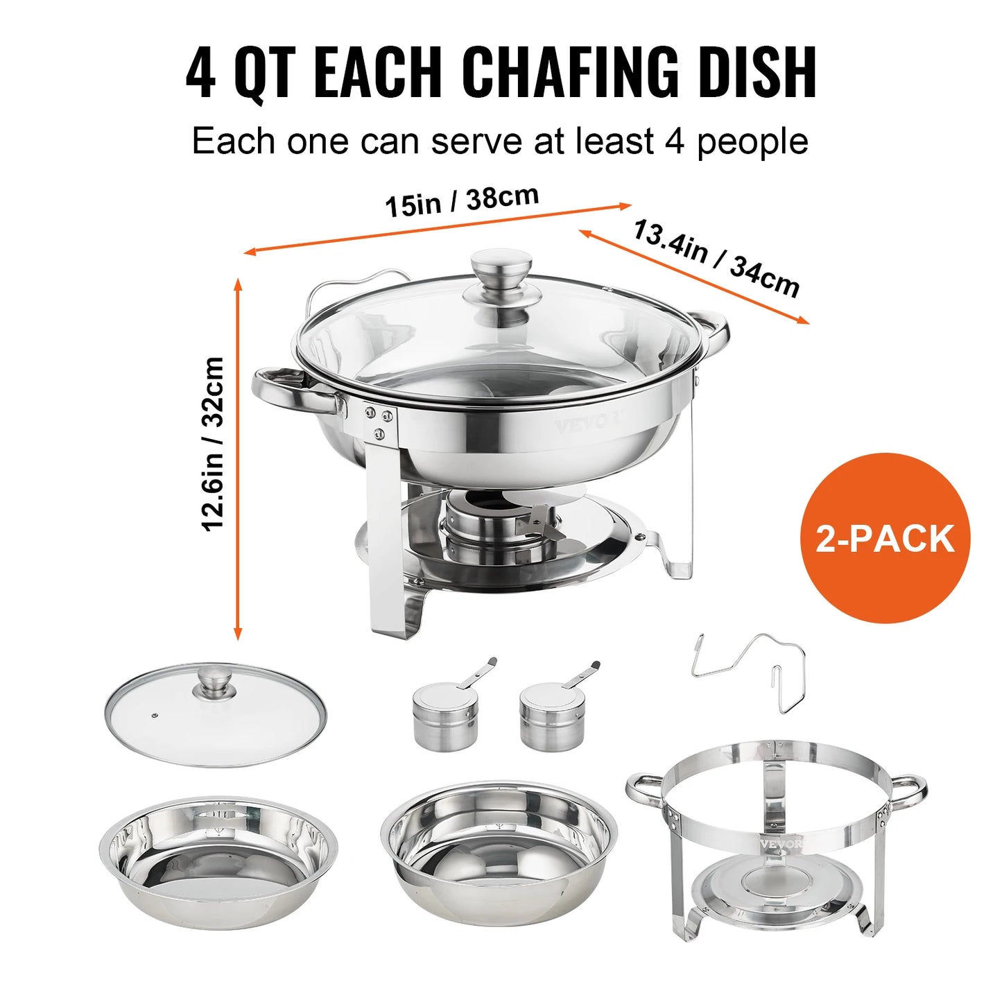 VEVOR 4QT 2-Pack ensemble de réchauds ronds en acier inoxydable Chafer de Buffet avec couvercle en verre de casserole pleine grandeur support de carburant chauffe-restauration