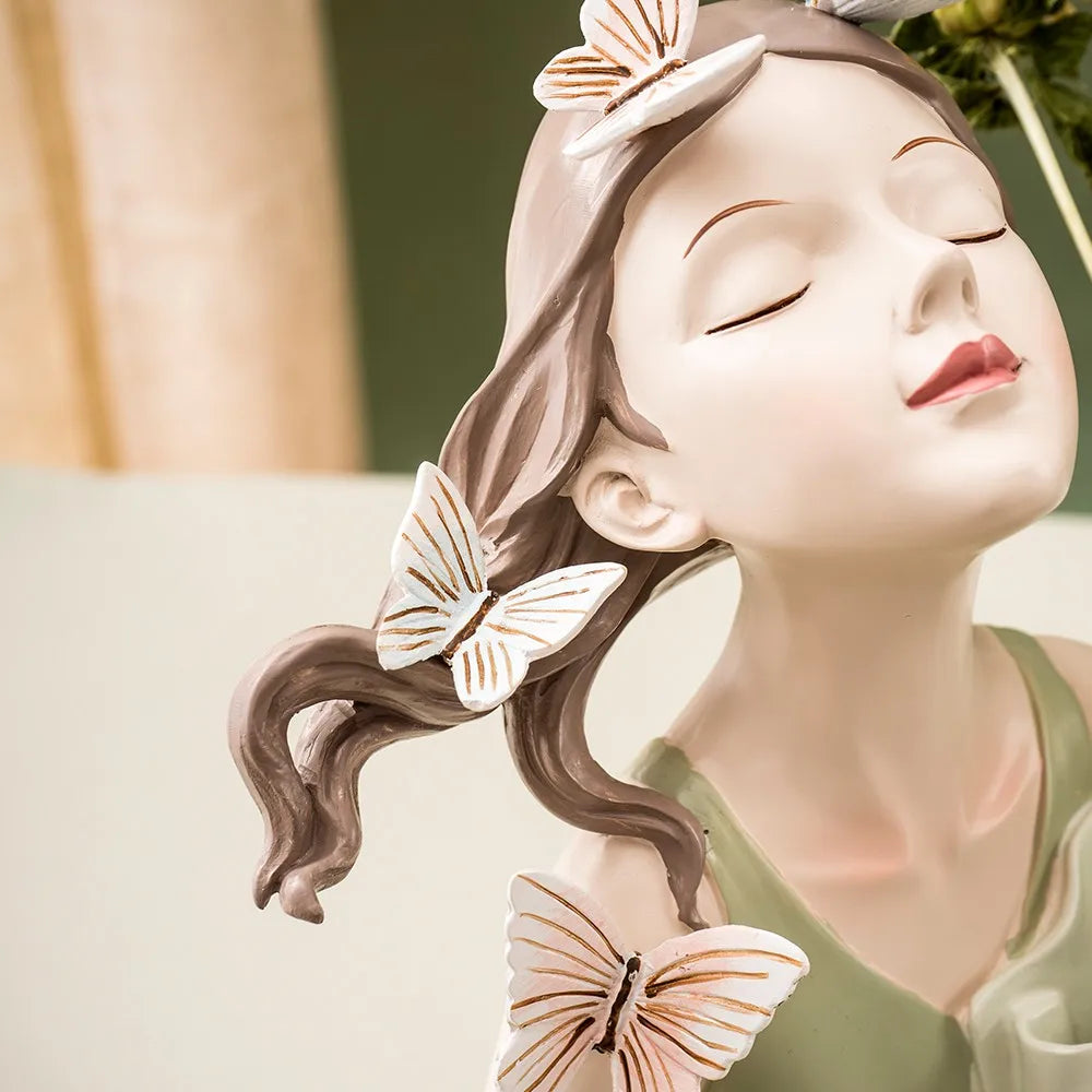 30cm Butterfly and Girl Vase Statue Handmade Modern Art Figurines Home Decoration Living Pink Room Interior Bedroom Decor Resin