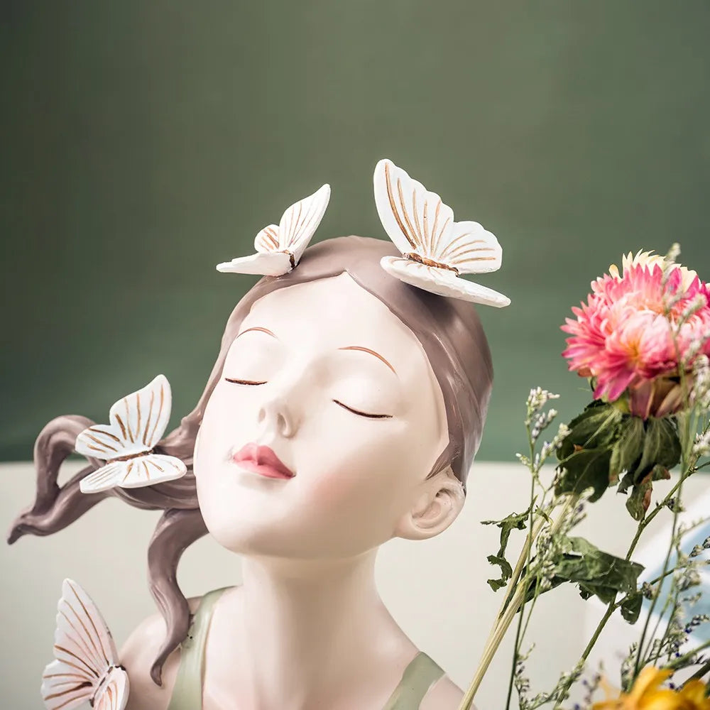 Estatua florero de mariposa y niña de 30cm, figuritas de arte moderno hechas a mano, decoración del hogar, sala de estar rosa, decoración Interior de dormitorio, resina