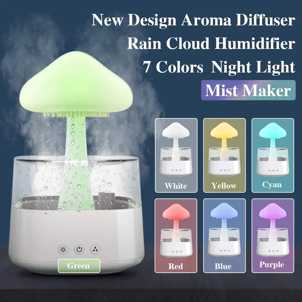 Humidificateur d'air de pluie de champignon diffuseur d'arôme électrique distributeur d'odeur de nuage de pluie détendre les gouttes d'eau sons veilleuses colorées