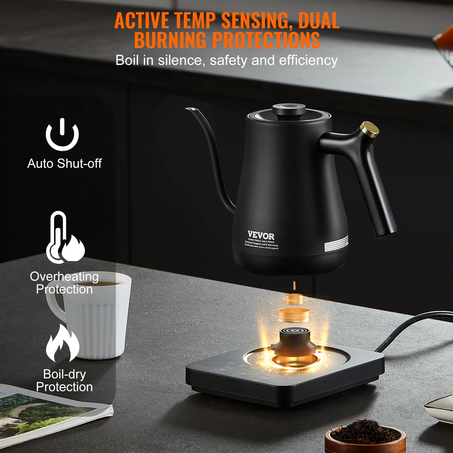 VEVOR Electric Gooseneck Kettle 1L Temperature Control Pour Over Coffee Kettle withStainless Steel Hot Water Tea Boiler