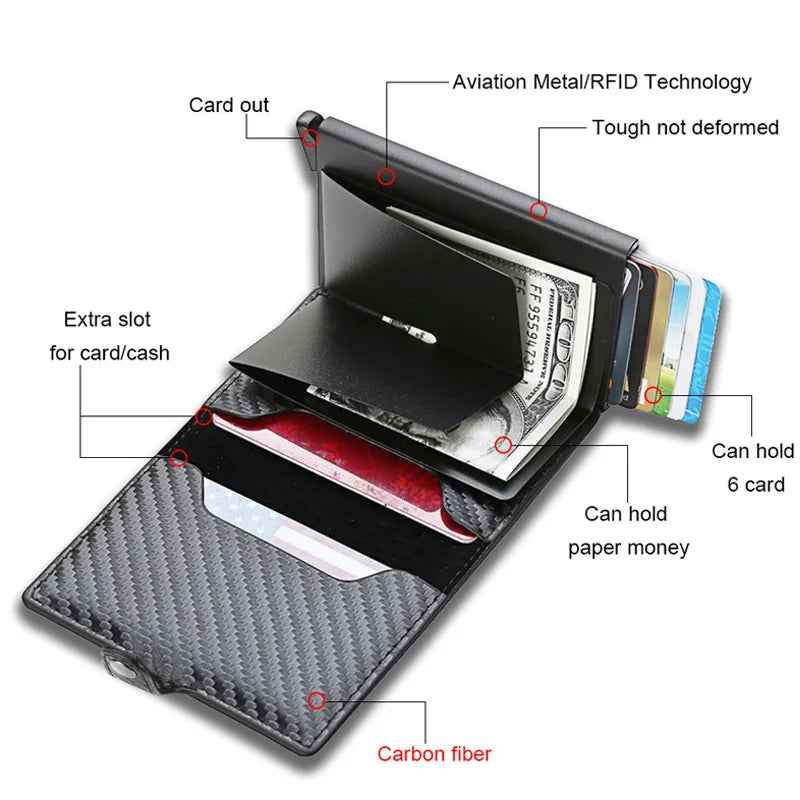 Portefeuille porte-cartes de crédit en Fiber de carbone pour hommes, Rfid, métal intelligent, mince, Pop-Up, minimaliste, petit sac à main noir, Vallet en métal