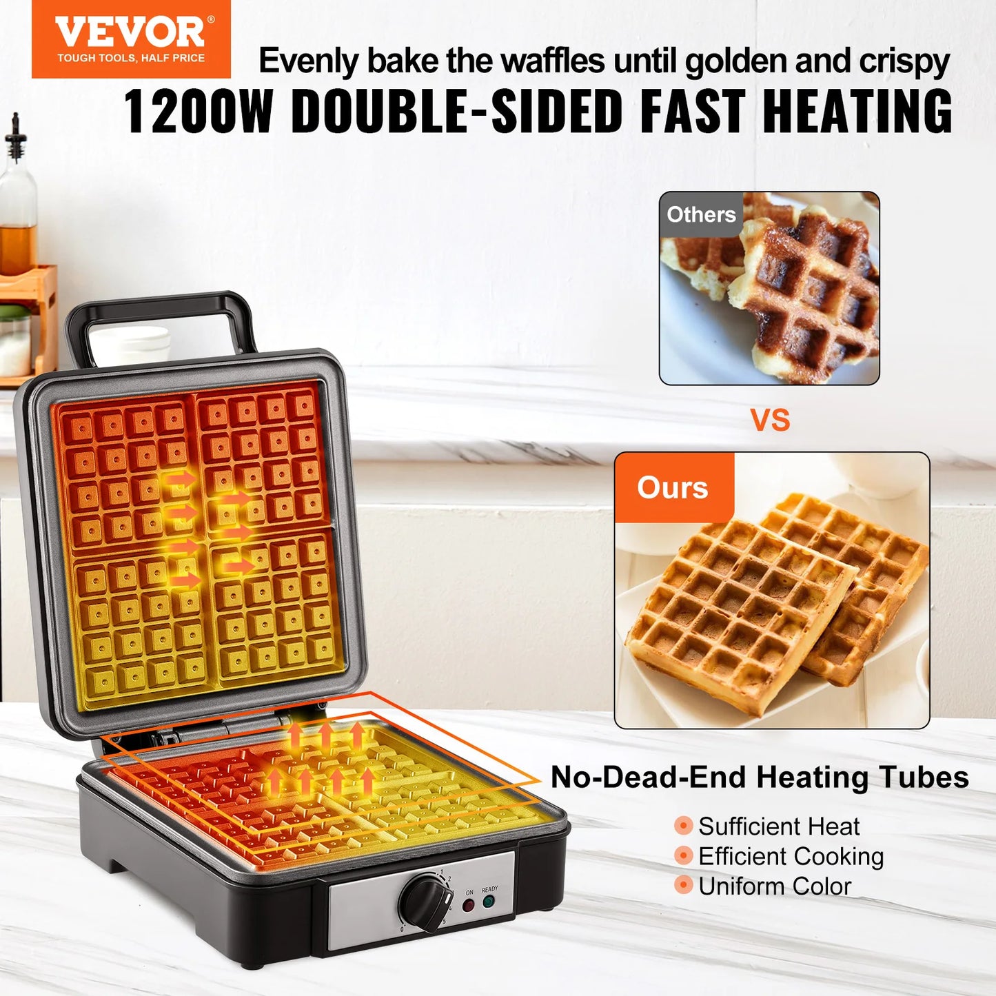 VEVOR Waffle Maker 1200W Square Waffle Iron Non-Stick Waffle Baker Machine with Five-setting Browning Controls 4 Slice 120V