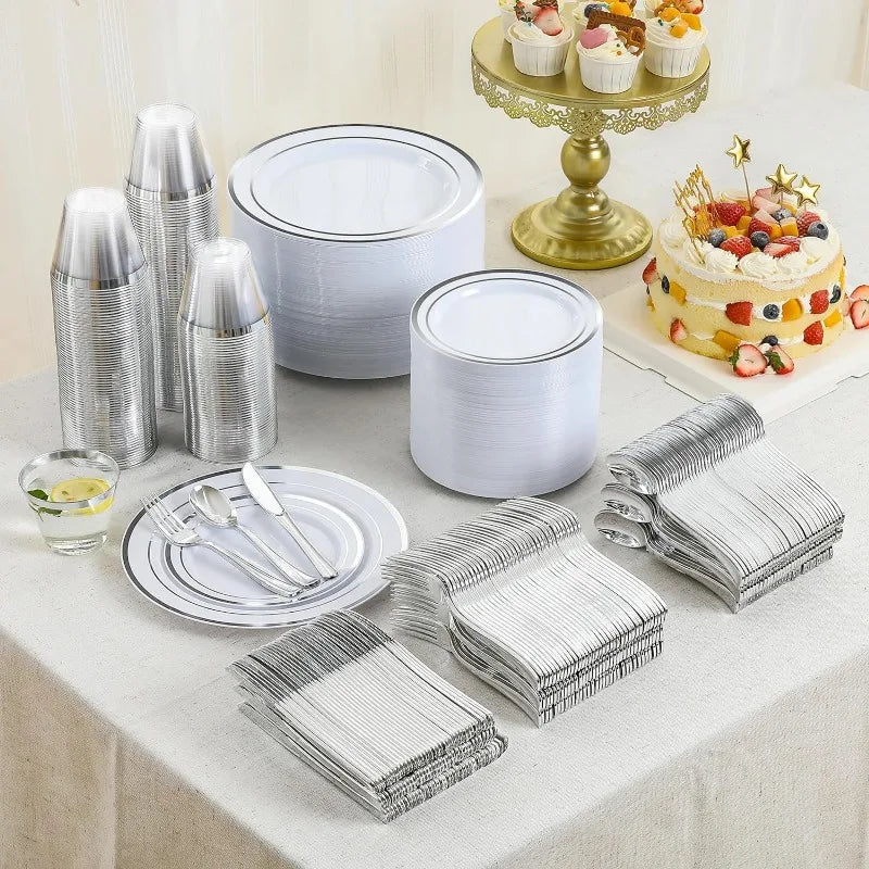 Service de vaisselle en plastique 600 pièces pour 100 invités, assiettes en plastique jetables pour fête d'anniversaire de mariage, assiettes à dîner, assiettes à salade