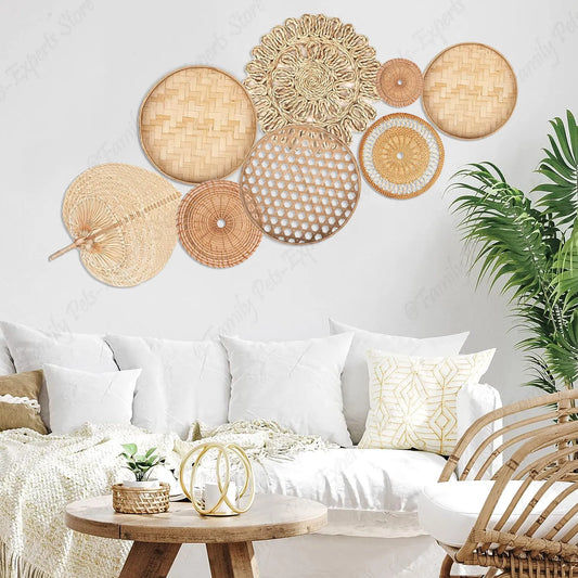 8 pièces décor de panier mural naturel Boho rotin rond décor mural fait à la main ferme tenture murale décor pour chambre salon chambre de bébé