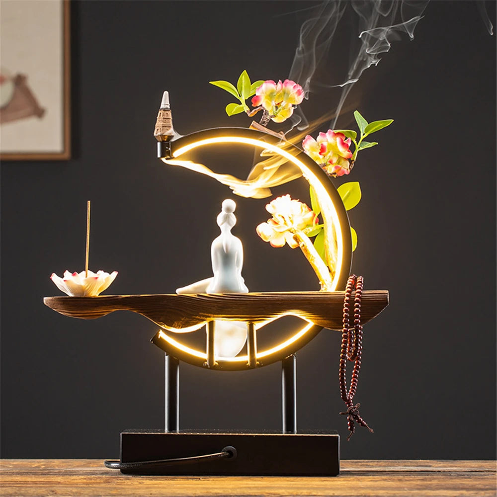 Brûleur d'encens à reflux en bois de femme de chambre en céramique avec 20 cônes USB lumière LED cercle Lotus bouddha perles décoration de bureau à domicile ameublement