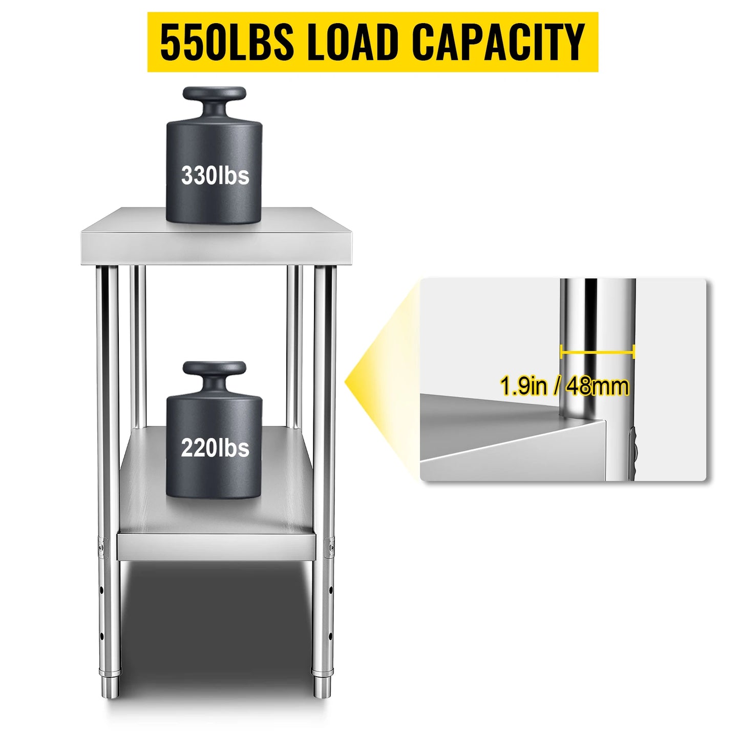 VEVOR – Table de préparation au travail en acier inoxydable, 48x18x3 4/60x24x3 4/72x30x34 pouces, table de travail en métal de 550lb avec étagère inférieure réglable