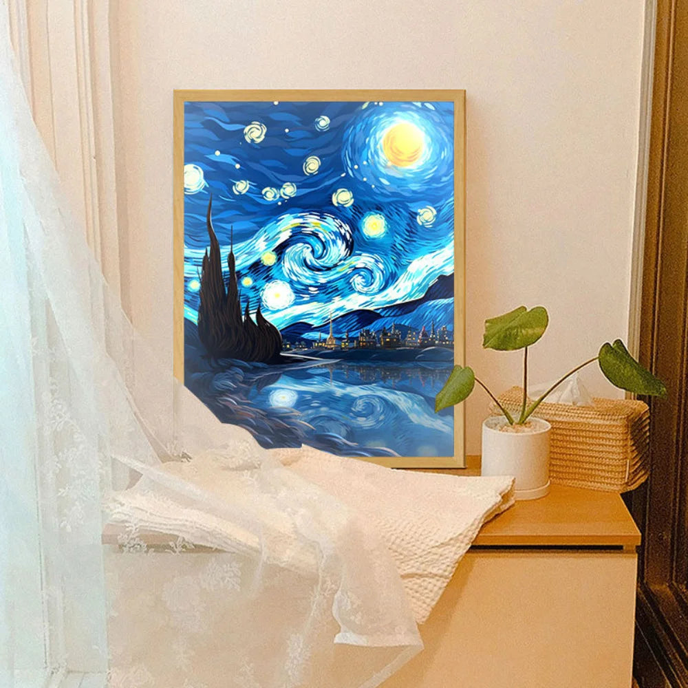 Van Gogh Art Anime pintura con luz LED decoración de la habitación, luz de estado de ánimo de carga inalámbrica, decoración de pared de lámpara USB, luz nocturna, regalo para el hogar