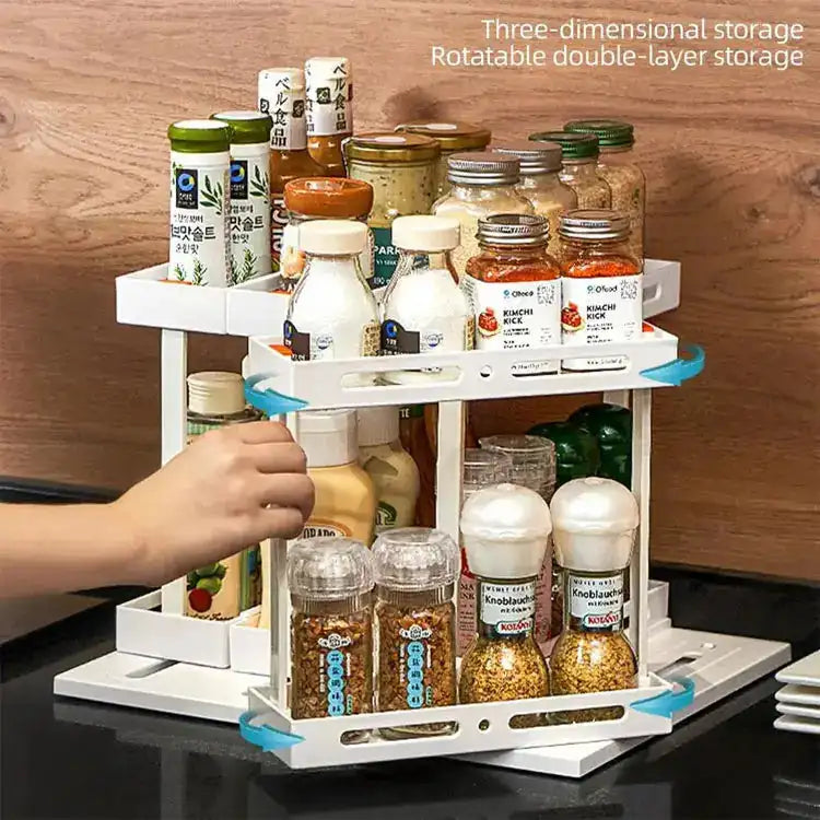 Multi-Function 2 Tier Rotate Spice Storage Rack Seasoning Swivel Storge Organizer Shelf Kitchen Bathroom Creative Household Item