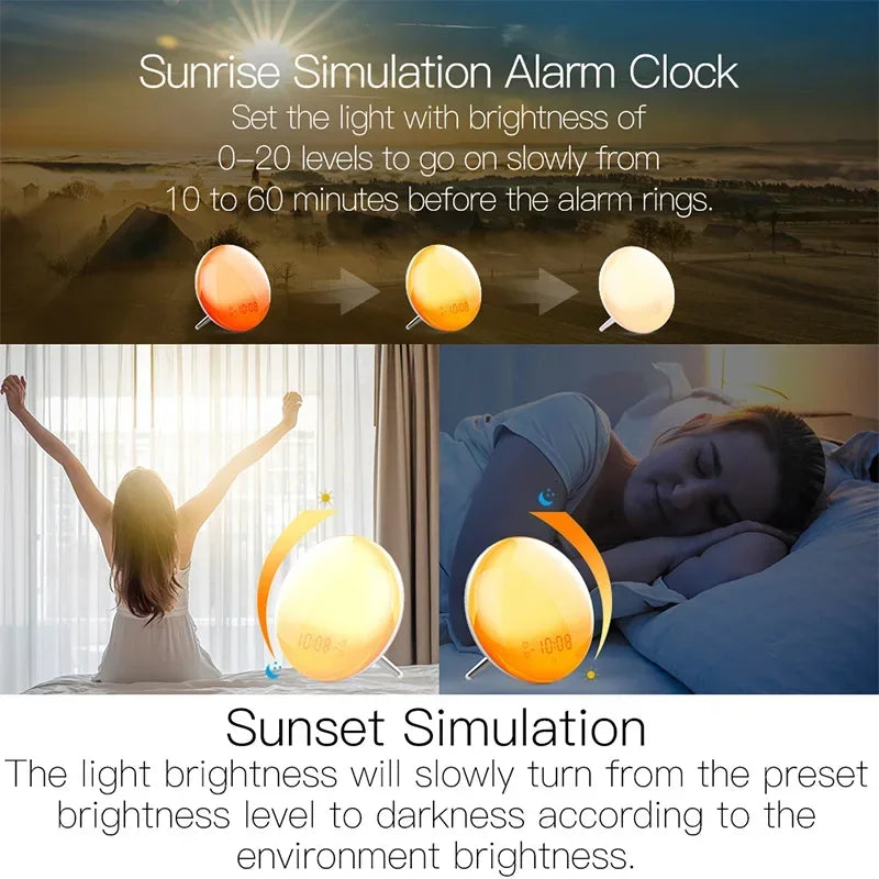 Réveil lumineux WiFi Tuya Smart Life, télécommande sans fil, Simulation du lever et du coucher du soleil, 4 réveils Alexa Google Home