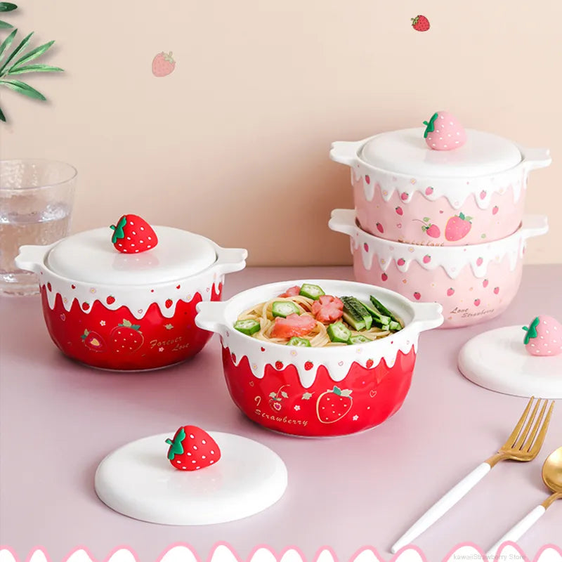 Kawaii – bol Ramen aux fraises avec couvercle en céramique, gros fruits mignons, nouilles instantanées, salade, soupe, vaisselle de cuisine domestique 700ml