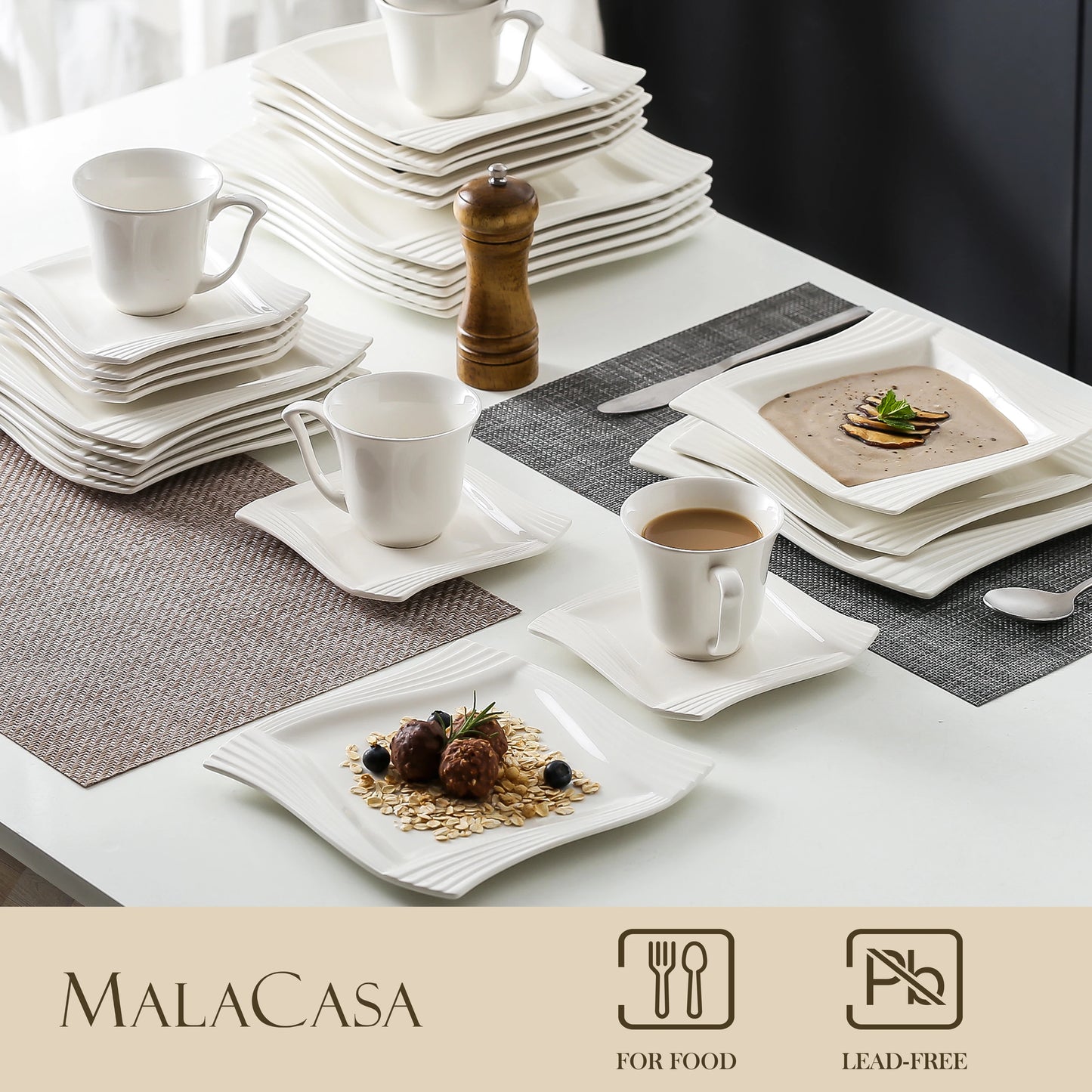 MALACASA Amparo Juego de vajilla de porcelana blanca de 30/60 piezas, tazas, platillos, postre, sopa, platos de cena, servicio para 6/12 personas