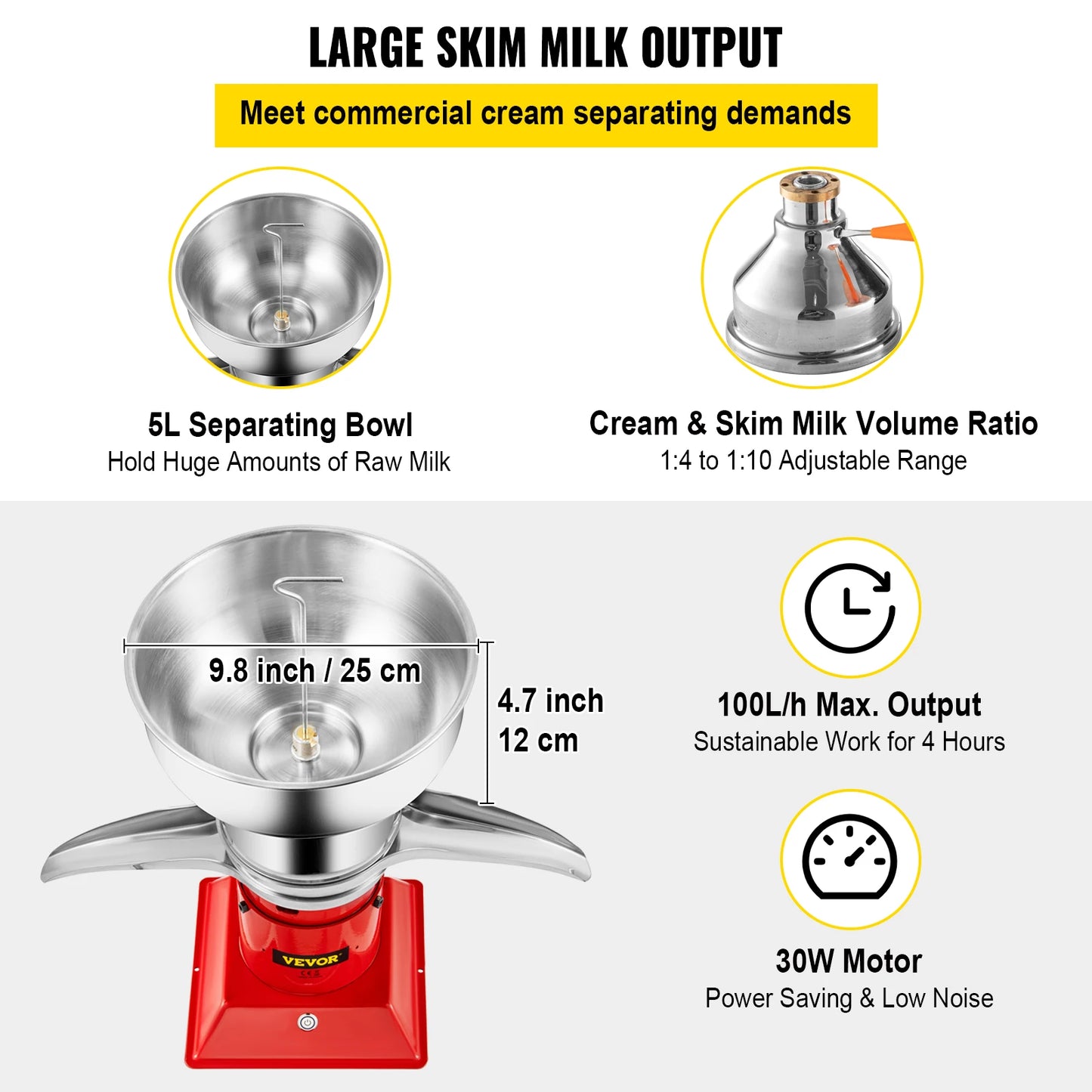 VEVOR 50L/H Electric Milk Cream Separator Commercial Stainless Steel Centrifugal Skimmer Household Butter Milk Skimming Machine