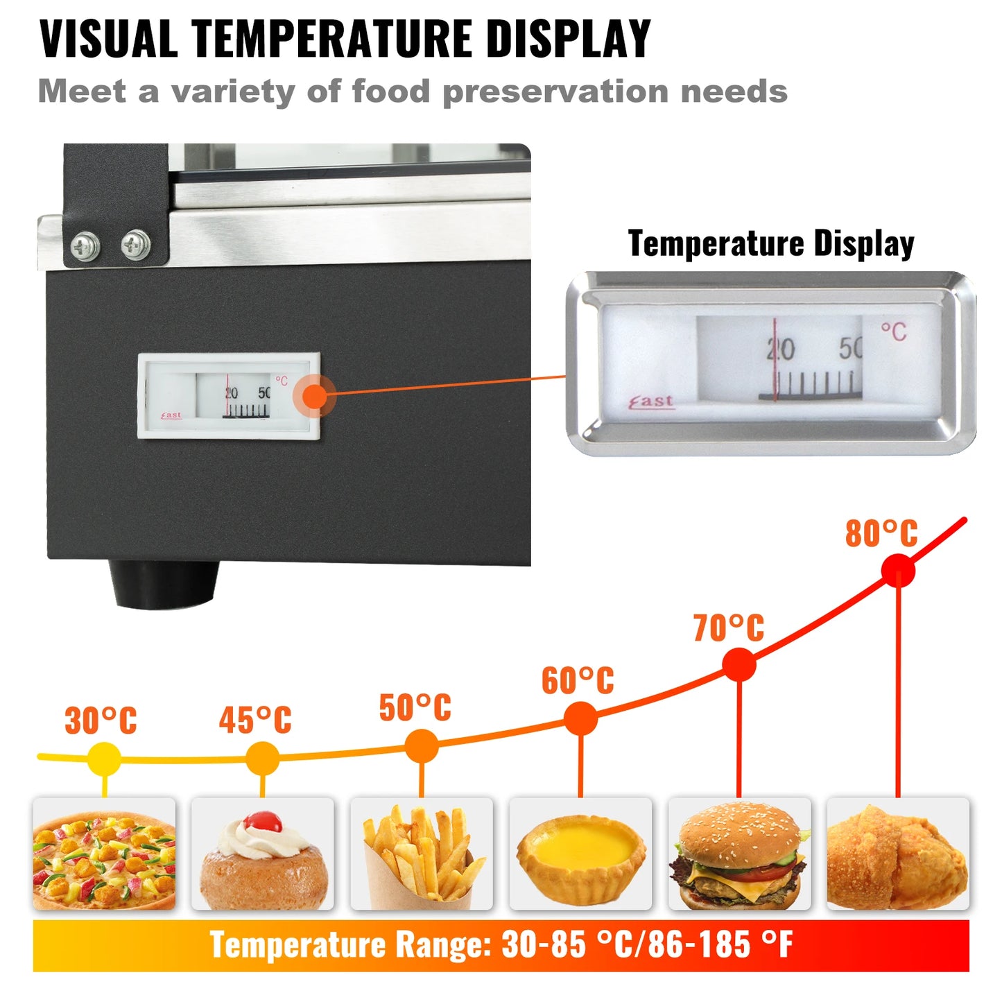 VEVOR-calentador de alimentos comercial, calentador de pastelería para encimera con pantalla de perilla de temperatura, bandeja de agua de 0,6 L, puertas de vidrio con marco inoxidable