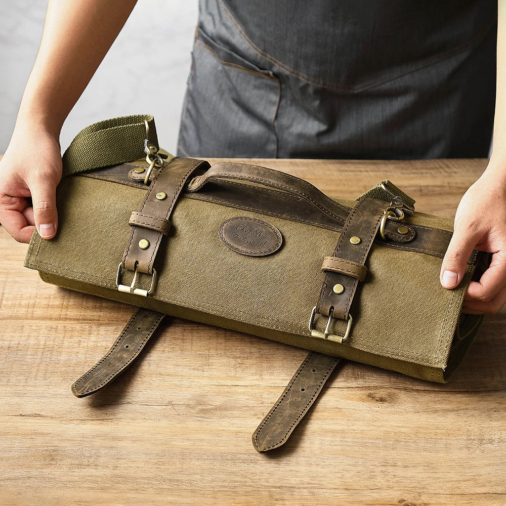 HEZHEN-bolsa para cuchillos de Chef, accesorios de cocina, organizador de cuchillos, lona encerada al óleo, bolsa en rollo para cuchillos de espuma de Caballo Loco