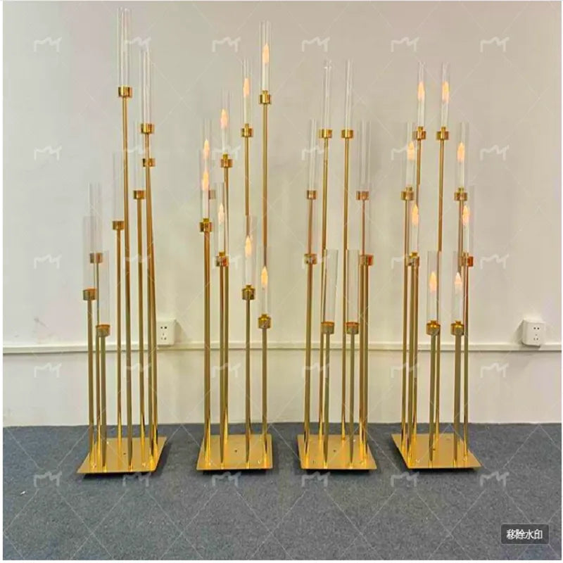 Candelabros de Metal de 8 cabezales, centro de mesa de plomo para camino, soporte de candelabro dorado, candelabro de pilar para boda, 4/5/10 Uds.