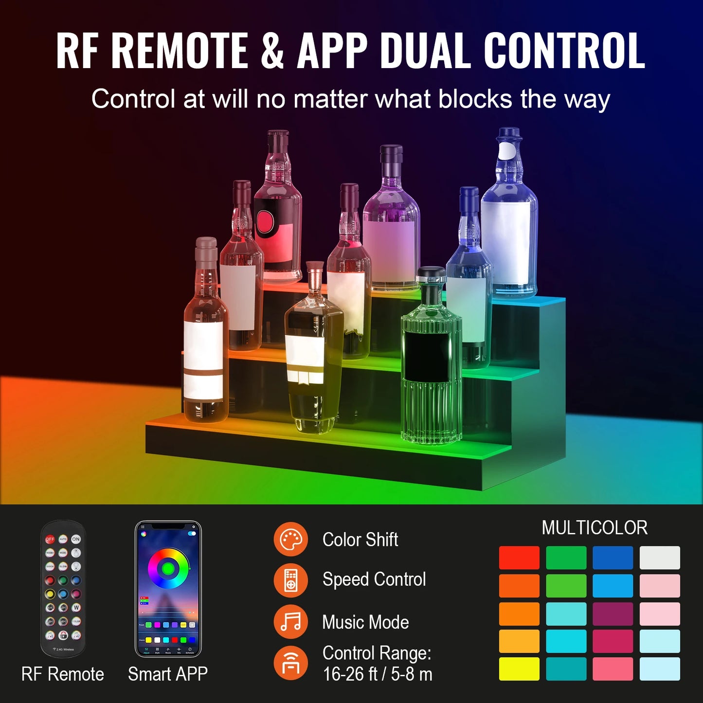 VEVOR LED présentoir de bouteilles d'alcool 16/24 pouces 1/2/3/4 niveaux étagère de barre en acrylique translucide multicolore avec télécommande App