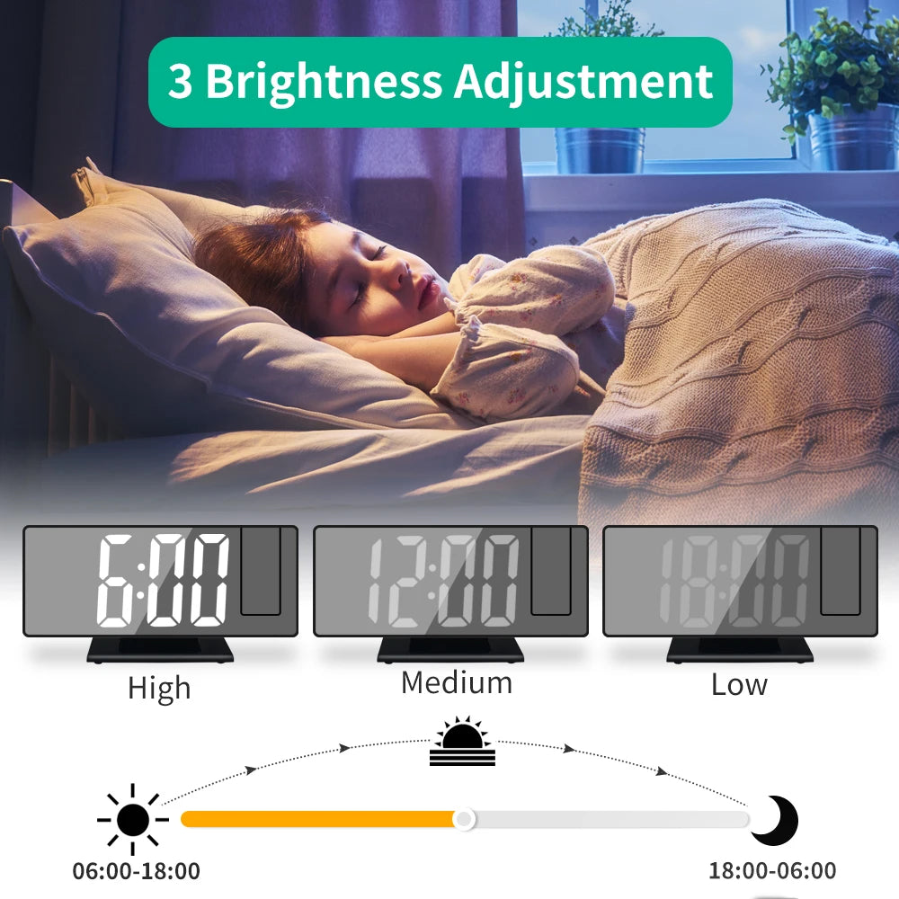 180° Arm Projection Alarm Clock with Time Temperature Digital Alarm Clock Snooze Table Clock 12/24H USB Projector LED Clock